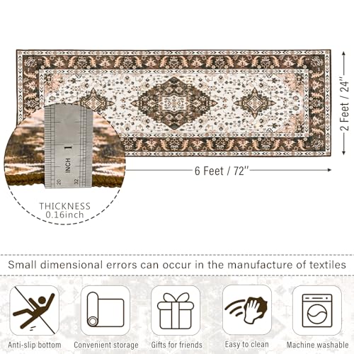 Amearea Vintage Design Runner Rugs for Living Room, 2x6 Machine Washable Floral Collection Traditional Bedroom Rug, Low Pile Cute Kids Room Print Carpet, No Slip Office Kitchen Home Decor, Brown - color: Brown, size: 2' X 6' (Runner)
