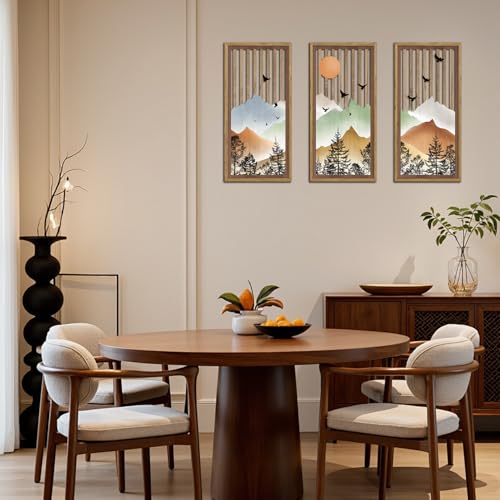 KAIRNE Mountain Landscape Wooden Wall Decor Set or 3(16”X8”) Framed,Boho Orange Wood Hanging Decor,Nature Bohemian Wall Art,Vintage Farmhouse Wooden Sign for Bedroom Living Room Office Decoration - color: Mountain, size: 8"L x 16"W