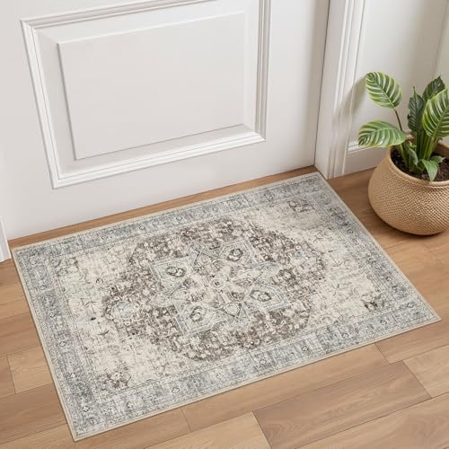 Tortania Area Rug 2x3 Doormat - Washable Vintage Oriental Farmhouse Soft Thin Indoor Carpet for Living Room Bedroom Hallway Entryway Kitchen - Brown Blue - color: Brown Blue, size: 2' x 3' (Rectangular)