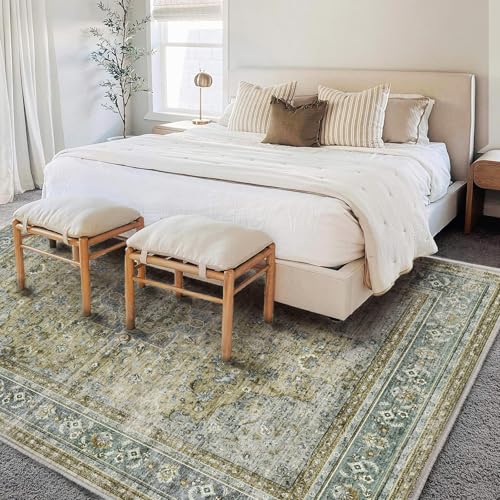 CHAMPLANT Washable Area Rug 8'x10' Boho Design Non-Shedding Non-Slip Easy Care Ideal for High Traffic Areas in Living Room Bedroom Office Coffee Table Kitchen Large Carpet - color: Aged Floral Green, size: 8' x 10' (Rectangular)