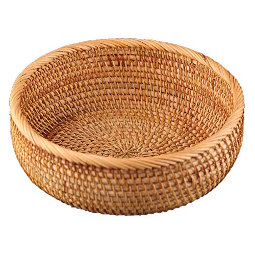 Hadewoven Round Rattan Fruit Basket Wicker Food Tray Weaving Storage Holder Dinning Room Bowl, 9 Inch Woven Bread Basket Key Bowls with 3.5”Wall for Table, Countertop (Medium 8.66") - size: Medium 8.66"