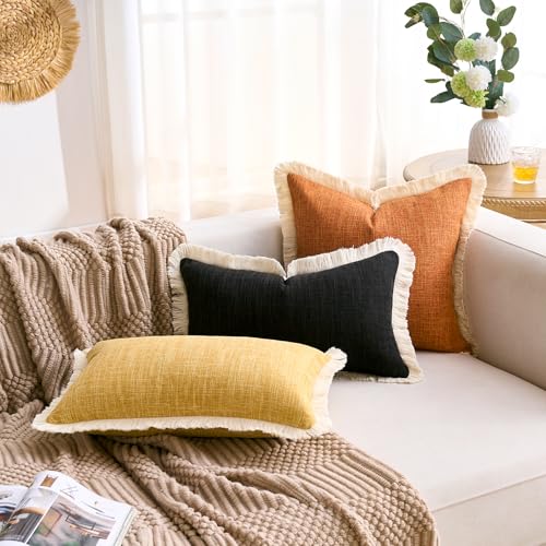 Boho Lumbar Pillow Covers 12x20 Pillow Cover Black Faux Linen Couch Rectangular Pillow Covers Soft Lumbar Cushion Cover with Tassels Farmhouse Cushion for Couch Sofa Bedroom Living Home Set of 2 - color: Black, size: 20" x 12" (Pack of 2)