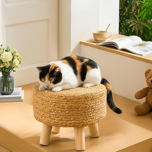 Handwoven Round Ottoman, Natural Water Hyacinth Outdoor Patio Pouf Seagrass Low Stool with Wood Legs, Soft Padded Footrest for Living Room Bedroom Garden, Natural - color: Natural, size: 13"D x 13"W x 10.6"H