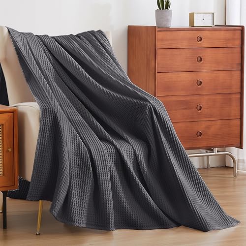 100% Egyptian Cotton Waffle Weave Throw Blanket for Bed Couch Sofa Home Decor, Soft Lightweight Bed & Couch Blanket for All Seasons (Dark Grey - Full Size - 84 * 90") - color: Dark Grey, size: Full - 84*90''