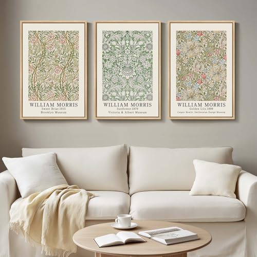 Framed William Morris Canvas Wall Art for Living Room, 3 Piece Large Vintage Sage Green Artwork for Walls Nature Floral Botanical Picture Prints for Bedroom, Hallway, Home Office Wall Decor, 16x24 - color: Sage Green Floral, size: 16"W x 24" H x 3Pcs