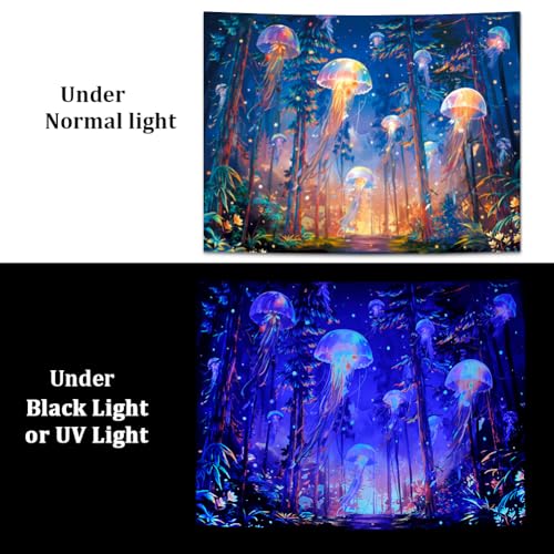Racunbula Blacklight Forest Jellyfish Tapestry UV Reactive Nature Tree Tapestry Trippy Fantasy Starry Sky Tapestries Aesthetic Jungle Plants Tapestries Wall Hanging for Bedroom - color: Fantasy Forest, size: 59.1"L x 51.2"W