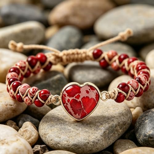 Women Boho Wrap Bracelet,Handmade Natural Stone Crystal Emperor Beads Heart Bracelet, Fashion Bohemian Jewelry Gift for Women - color: Red #2