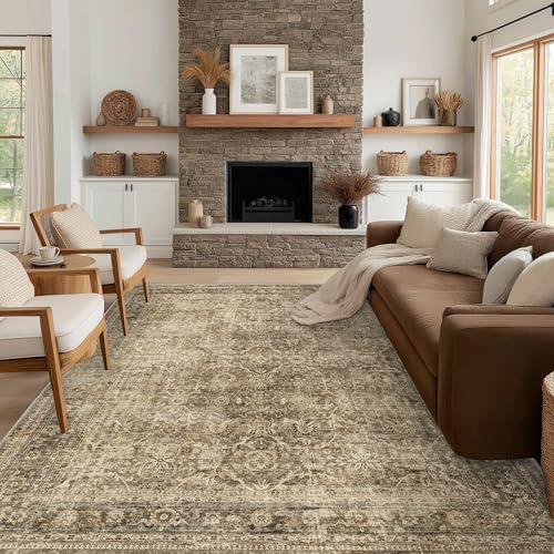 FMFUNCTEX 8x10 Washable Area Rug Brown Vintage Neutral Distressed Large Non Slip Carpet for Living Room Bedroom Soft Low Pile Indoor Mat Retro Floral Throw Rug for Dining Room Kitchen Office Nursery - color: Brown, size: 8' x 10' (Rectangular)