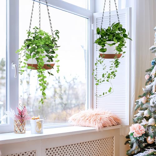 Set of 2 Hanging Planters for Indoor Outdoor Plants, 8 Inch Self-Watering Hanging Flower Pots with Drainage Hole & Removable Water-Storage Tray (Hooks) - color: White, size: 8 Inch (S)