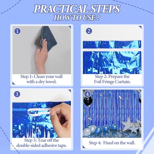 DECOCKRAT 3 Pack Foil Fringe Backdrop - Laser Royal Blue Shiny Tinsel Curtains for Party Decoration/Photo Booth Props - 3.3x8.2 FT Metallic Foil Backdrop for Birthday, Wedding, Graduation, Christmas - color: Laser Royal Blue