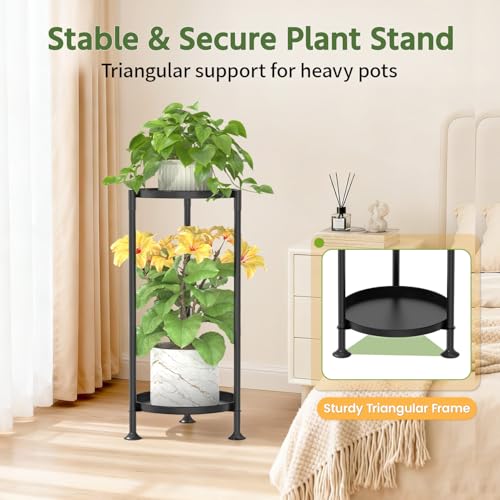 LASZOLA 2 Tier Plant Stand Indoor with Large Metal Tray, Corner Round Flower Holder Rack Tall Outdoor, Morden Planter Display Shelf for Patio Porch Garden Office Living Room, Black - color: Classic Black, size: 2 Tier