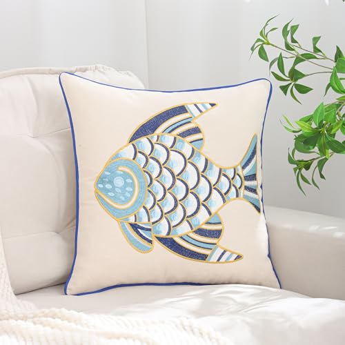 LUOYEHK Embroidered Pillow Covers 18x18 Set of 2 Summer Coastal Blue Fish Decorative Pillow Cases Ocean Themed Canvas Cushion Covers for Couch Sofa Bed Living Room - color: Blue Fish