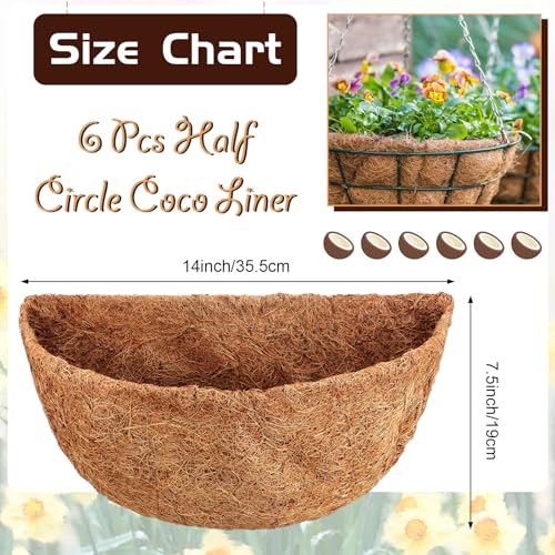 6 Pcs 14 Inch Half Round Replacement Coco Liner Half Circle Coconut Fiber Replacement Coco Liners Hanging Basket for Hanging Basket Wall Baskets Garden Planter Flower Pot - size: 14 Inch
