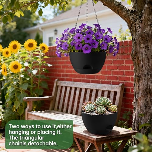 3-Piece Set of 10-Inch Hanging Planters with Automatic Watering System and Drip Tray, Includes Metal Chain, Suitable for Various Indoor and Outdoor Plants and Flowers,Black - color: Pure Black, size: 10 inch