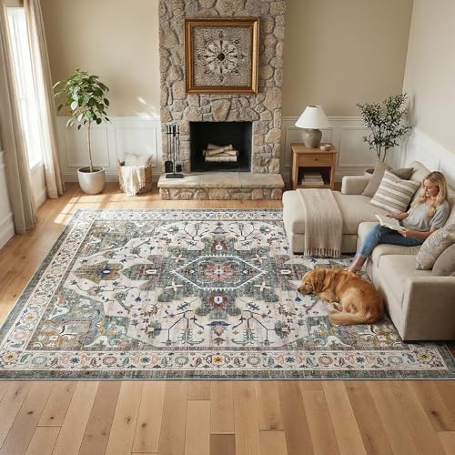HOOBRO Washable Rug 8 x 10 Area Rugs for Living Room, Non-Slip Stain Resistant Rug, Low Pile Soft Rug Indoor Large Carpets Pet Friendly Mat, for Bedroom Kitchen Dining Room, Vintage Green GN05AR01 - color: Vintage Green, size: 8' x 10' (Rectangular)