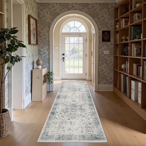 Rugxara 2x6 Washable Runner Rug, Non Slip Boho Runner Rugs for Hallway, Kitchen, Entrance, Bathroom, Laundry Room, Soft Ultra-Thin Entryway Carpet, Throw Low Pile Retro Imitation Carpet, Blue Grey - color: Blue & Grey, size: 2' x 6' (Runner)