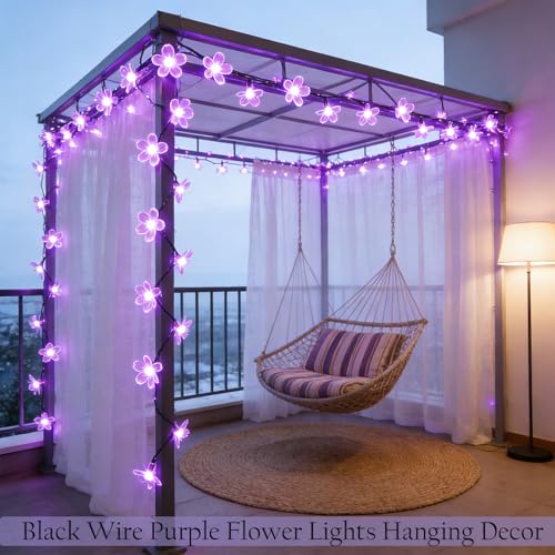 Purple Flower Fairy String Lights on Black Wire, Plug in Connectable 33FT 100 LED Waterproof with 8 Modes for Indoor Outdoor Christmas, Valentine's Day, Wedding Party & Patio Balcony Ambiance - color: Purple Flower-Black Wire