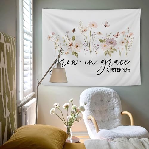 AQYIP Floral Christian Tapestry, Grow in Grace Butterfly Wildflowers Floral Tapestry, Bible Verse Wall Blanket Decor for Home Living Room Bedroom, 50x60 Inch - color: 3 - grow in grace