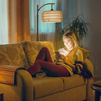 Arc Floor Lamp with Remote Control, Dimmable LED Floor Lamp with 3 Color Temperature, Black Standing Lamp with Rattan & Fabric Double Drum Shade, Boho Farmhouse Tall Pole Lamp for Living Room Bedroom - style: Bohemian