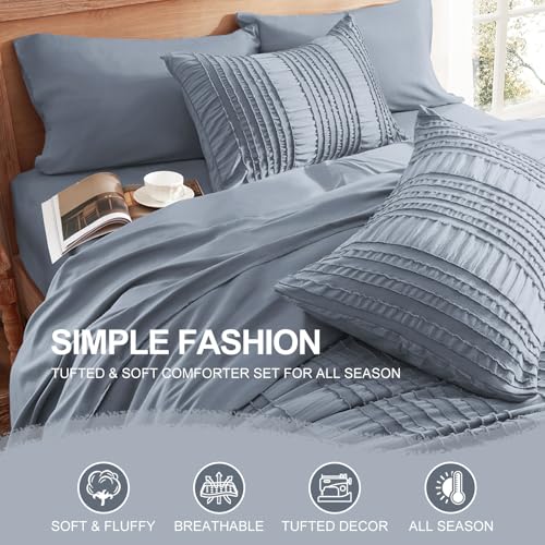 DHSFKBE Blue Tufted Comforter Set King Size 7 Piece Bed in a Bag，Shabby Chic Boho Bedding for Bedroom Comforter，All Season Soft Microfiber Ruffle Comforter Set with Pillow and Sheets - color: Blue, size: King