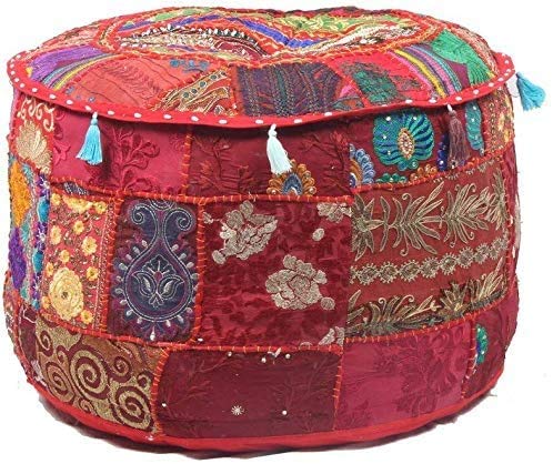 The Harry Creations Decorative Patchwork Comfortable Indian Ottoman Ethnic Cotton Cushion Bean Bag Designs Floor Embroidered Pouf Cover (Red, 18"x13") - color: Red, size: 18"x13"