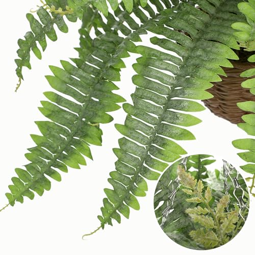 Hollyone 33" Artificial Boston Fern Hanging Basket Large 39 Leaves Fake Ferns in Rattan Pot Greenery Plants for Outdoors & Indoor Faux Fern Bush Basket Plant Patio Garden Home Decor Dusty Green - color: Hanging Basket - Dusty Green Large