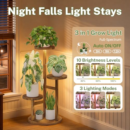 iDavosic.ly 3 Tier Plant Stand Indoor with Grow Light, Tiered Corner Wood Multiple Flower Holder Shelf, Tall Orchid Display Rack for Living Room Bedroom, Brown - color: Pine Brown with Light, size: 3 Tiers