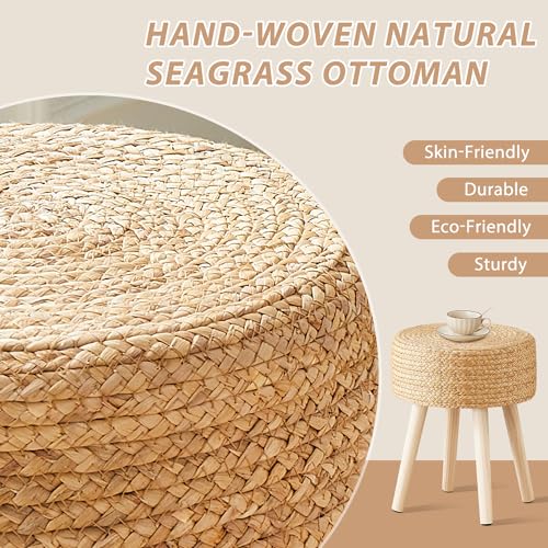 Cpintltr Round Ottoman Footstool Foot Stool Pouf Ottomans with Solid Wood Legs Hand Weave Hyacinth Footrest Step Stool for Living Room Balcony Garden Natural Hyacinth Seagrass - color: Hyacinth Seagrass