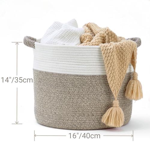 Blanket Basket (16"Dx14"H) - Round Woven Rope Storage for Living Room Throws, Pillows & Laundry - White/Mixed Brown - color: White/Mixed Brown, size: 16" X 16" X 14"