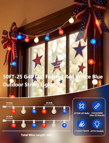 SUNSGNE Red White Blue 4th of July Patriotic Decorative Lights 50FT Outdoor String Lights with 27 G40 LED Bulbs(2 Spare) for Outdoor Indoor Holiday, Party, Independence Day Decor - color: Frosted Red White Blue, size: 50FT