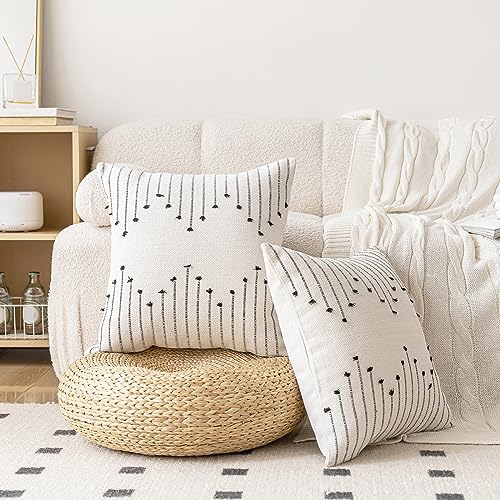 LILEPOY Boho Throw Pillow Covers 18x18 Set of 2 Neutral Decorative Textured Cushion Case Farmhouse Pillowcase Modern Square Pillow Covers for Sofa,Couch, Living Room,Beige and Black - color: Beige and Black, size: 18" x 18" (Pack of 2)