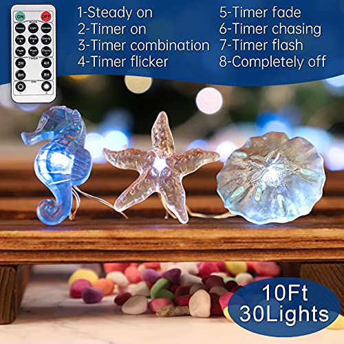 Impress Life Ocean Decor String Lights, Beach Decor Starfish Seahorse Sand Dollars Nautical Decorative Lights Battery & USB Plug In with Remote 10 ft 30 LEDs for Covered Outdoor Bedroom Birthday Party