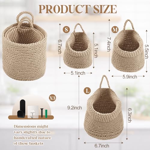 Honeydak Boho Decor Hanging Wall Baskets for Kitchen 3 Pack Teardrop Baskets with Hooks Storage Fruit Onion Vegetable Potato for Home 3 Sizes(Light Linen,Barrel,Cotton Rope) - color: Linen, size: Cotton Rope, style: Barrel