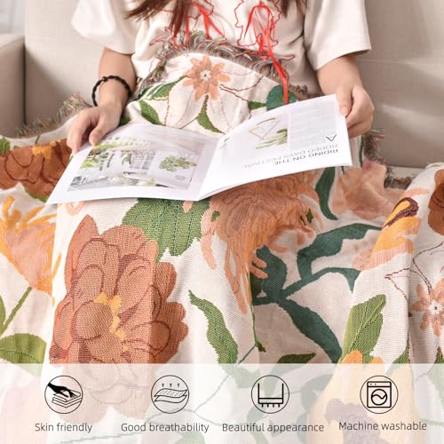 Pattern Throw Blanket for Couch, Throw for Bed, Outdoor Blanket, Retro Decor,51"×63" All Season Ultra Soft Floral Throw Blanket with Tassels for Sofa Chair, Yellow - color: Natural Orange Floral, size: 51"×63"