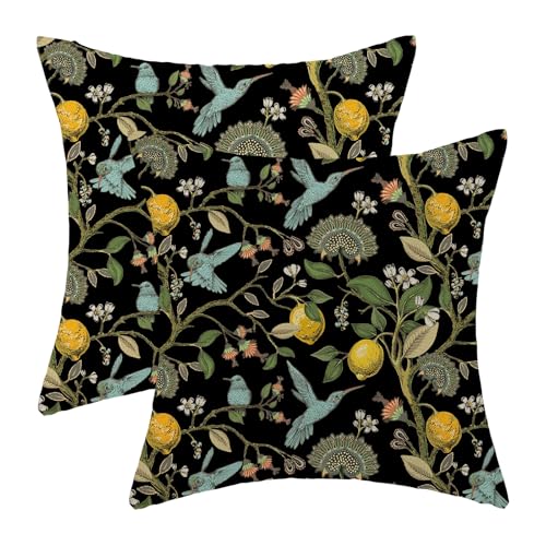 Chinoiserie Pillow Covers 18x18 Set of 2 Black Birds Lemon Throw Pillow Covers Outdoor Decoration Spring Summer Pillowcase Farmhouse Decorative Cushion Case for Home Couch Sofa - color: Black Blue Lemon Birds, size: 18" x 18" (Pack of 2)