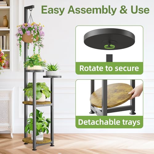 iDavosic.ly 4 Tier Hanging Plant Stand Indoor, Tall Vertical Corner Metal Flower Heavy Duty Pot Holder Shelf for Patio Porch Living Room, Modern Black & Rustic Brown - Round - color: Black with Hanging, size: 4 Tiers