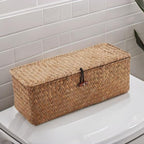 Seagrass Storage Basket for Bathroom - Wicker Toilet Tank Basket with Lid - Woven Narrow Organizer (16.5" x 5.5" x 5.5")