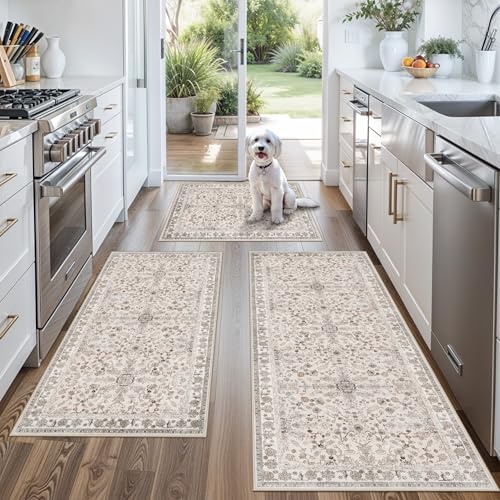 3-Piece Kitchen Rug Set of 3 with Runner – Non-Slip Washable Boho Kitchen Mats for Sink, Floor, Entryway & Hallway & Bathroom – Soft Small Throw Area Rugs, Home Decor (Beige,2x3+2x4+2x5) - color: Beige, size: 2' x 3' + 2' x 4' + 2' x 5' (Rectangular)