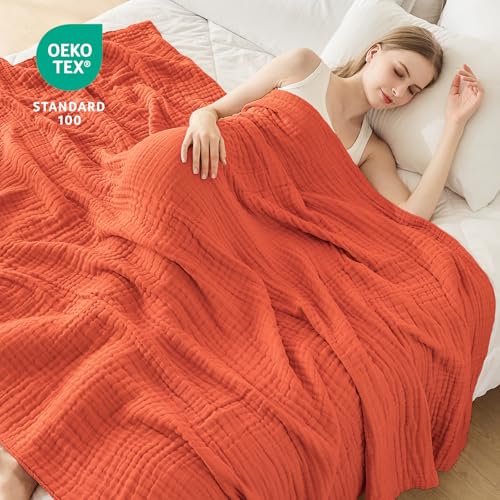 EMME Cotton Muslin Large Throw Blanket Couch Breathable Gauze Soft Lightweight Bed Blankets Adults (Heather Orange Rust, 50"x70") - color: 13 - Orange Rust, size: Large Throw (50" X 70")