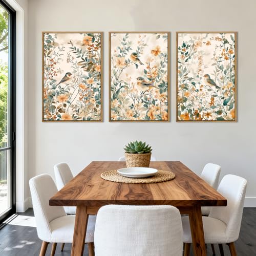 ANHUIB Large Vintage Floral Bird Framed Wall Art 16x24 Inch Beige Botanical Pictures Wall Decor Nature Wildflower Canvas Painting Set of 3 Retro Neutral Flower Artwork for Living Room Bedroom Barhroom - color: Floral Bird, size: 24"L x 16"W