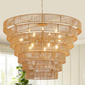 39.4" Large Rattan Chandelier 15-Lights Farmhouse Boho Woven Bamboo Chandelier Rustic Drum Wicker Rattan Golden Chandeliers for Dining Room, Kitchen, Living Room, Entryway, E12 - color: Gold 39IN