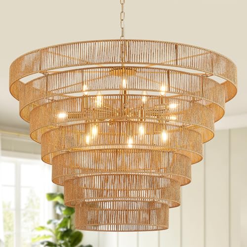 39.4" Large Rattan Chandelier 15-Lights Farmhouse Boho Woven Bamboo Chandelier Rustic Drum Wicker Rattan Golden Chandeliers for Dining Room, Kitchen, Living Room, Entryway, E12 - color: Gold 39IN