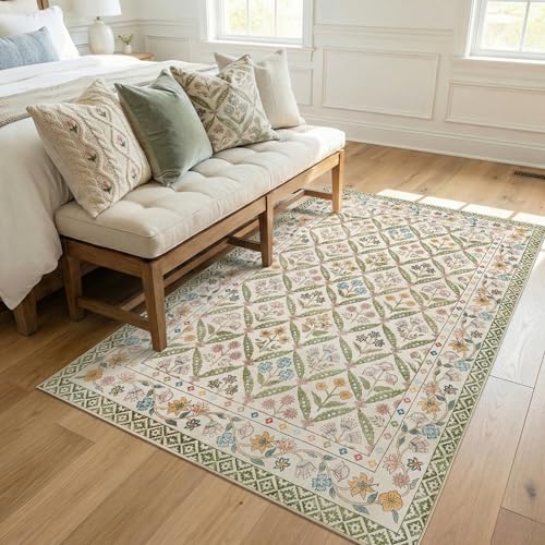 jinchan Haden 4x6 Floral Area Rug Vintage Cottage Decor Soft Non-Slip Low Pile Washable for Bedroom Dining Room Home Office Apartment Small Living Room Carpet Sage Green - color: Sage Green, size: 4' x 6' (Rectangular)
