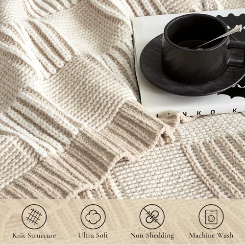 Amélie Home Knit Throw Blanket, Soft Chenille Cozy Breathable Dual Tone Checkered Chunky Decorative Blanket for Couch, Bed & Sofa, French Lightweight Warm Gift for Women, Beige, 60"x80" - color: Checkered Beige&ivory, size: Dual Tone Checkered Knit 60"x80