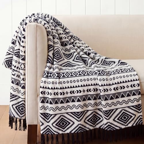 CASAAGUSTO Boho Throw Blanket with Tassel, Farmhouse Western Flannel Bohemian Blanket, Vintage Native Mexican Decorative Throw, Ideal for Gifting (60x80 Inches, Black and White) - color: Black and White, size: 60X80