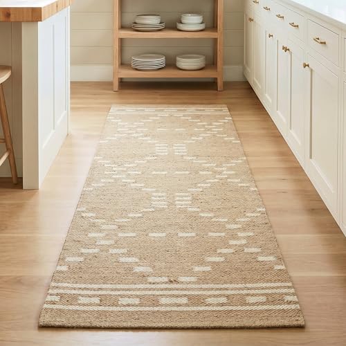 Homespice Dune Jute Runner Rug 2x6' - Cotton Backed Premium Handmade Geometric Runner Rug for Kitchen and Hallway, Medium Soft, Lays Flat, Won't Fray or Shed, Warm Brown with White Accents - color: Dune, size: 2' x 6' (Rectangular)
