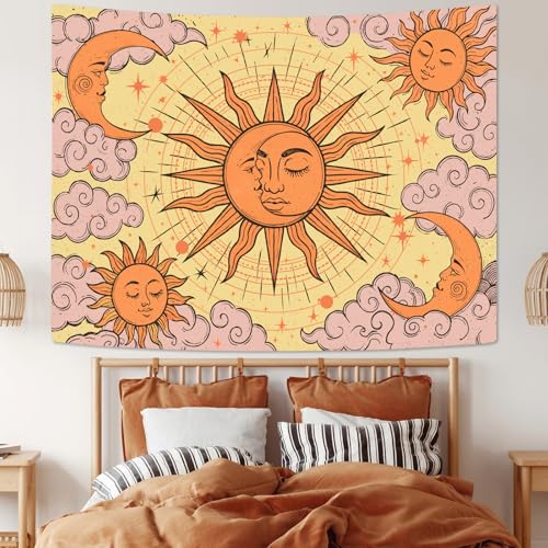 Kanuyee Sun Moon Tapestry Celestial Wall Art Tapestries Boho Hippie Room Decor Aesthetic Wall Hanging for Bedroom Dorm Living Room Mystical Cosmic Art 80x60 Inch - color: Pink Yellow, size: 80"L x 60"W