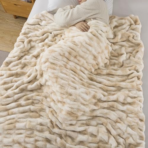 WDCOZY Ruched Faux Fur Throw Blanket Soft Cozy Fluffy Luxurious Blankets Couch Bed Sofa Chair Home Decor Warm Furry Fall Winter Plush Rabbit Fur Bubble Blanket 50" x 60", Caramel Beige Camel Neutral - color: Caramel, size: Throw (50" x 60")