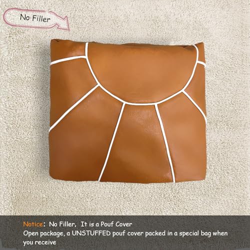 Louis Donné Pouf Ottoman Cover, Handmade Faux PU Leather Moroccan Style, Unstuffed Pouffe Ottomans,20.8" Round Foot Rest for Living Room,Floor Small Bean Bag Chair Gifts for Kids ONLY Cover(Orange)