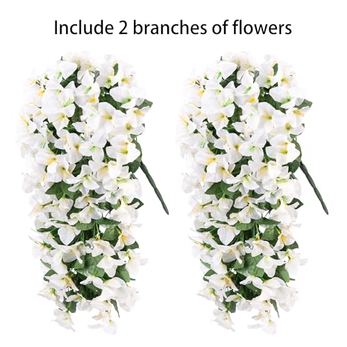 Faux Bougainvillea Artificial Flowers for Outdoors Fake Plants Outside Decoration, 2 PCS White Faux Flowers UV Resistant Look Real Silk Long Trailing Vines for Front Door Porch Planter Patio Garden - color: White